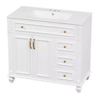 MAYEERTY Meuble de salle de bain 91 cm avec lavabo, armoire blanche, tiroir basculant, 3 tiroirs, 2 portes à fermeture douce, bois massif MDF, quincaillerie dorée