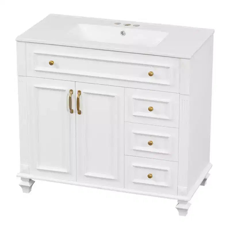 MAYEERTY Meuble de salle de bain 91 cm avec lavabo, armoire blanche, tiroir basculant, 3 tiroirs, 2 portes à fermeture douce, bois massif MDF, quincaillerie dorée