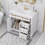 MAYEERTY Meuble de salle de bain 91 cm avec lavabo, armoire blanche, tiroir basculant, 3 tiroirs, 2 portes à fermeture douce, bois massif MDF, quincaillerie dorée