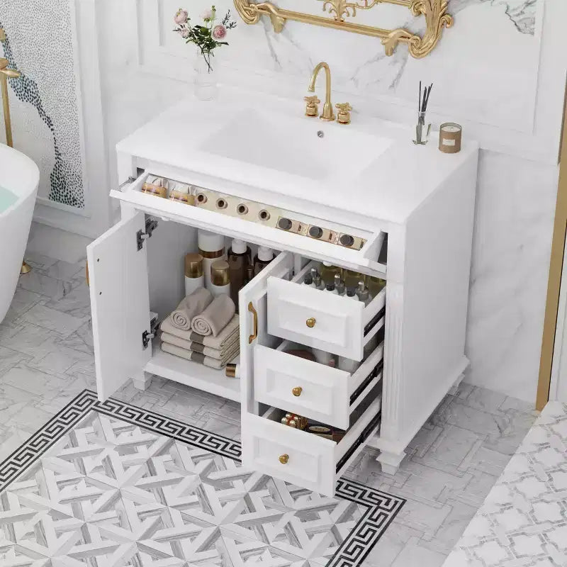 MAYEERTY Meuble de salle de bain 91 cm avec lavabo, armoire blanche, tiroir basculant, 3 tiroirs, 2 portes à fermeture douce, bois massif MDF, quincaillerie dorée