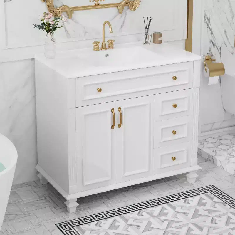 MAYEERTY Meuble de salle de bain 91 cm avec lavabo, armoire blanche, tiroir basculant, 3 tiroirs, 2 portes à fermeture douce, bois massif MDF, quincaillerie dorée