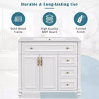 MAYEERTY Meuble de salle de bain 91 cm avec lavabo, armoire blanche, tiroir basculant, 3 tiroirs, 2 portes à fermeture douce, bois massif MDF, quincaillerie dorée