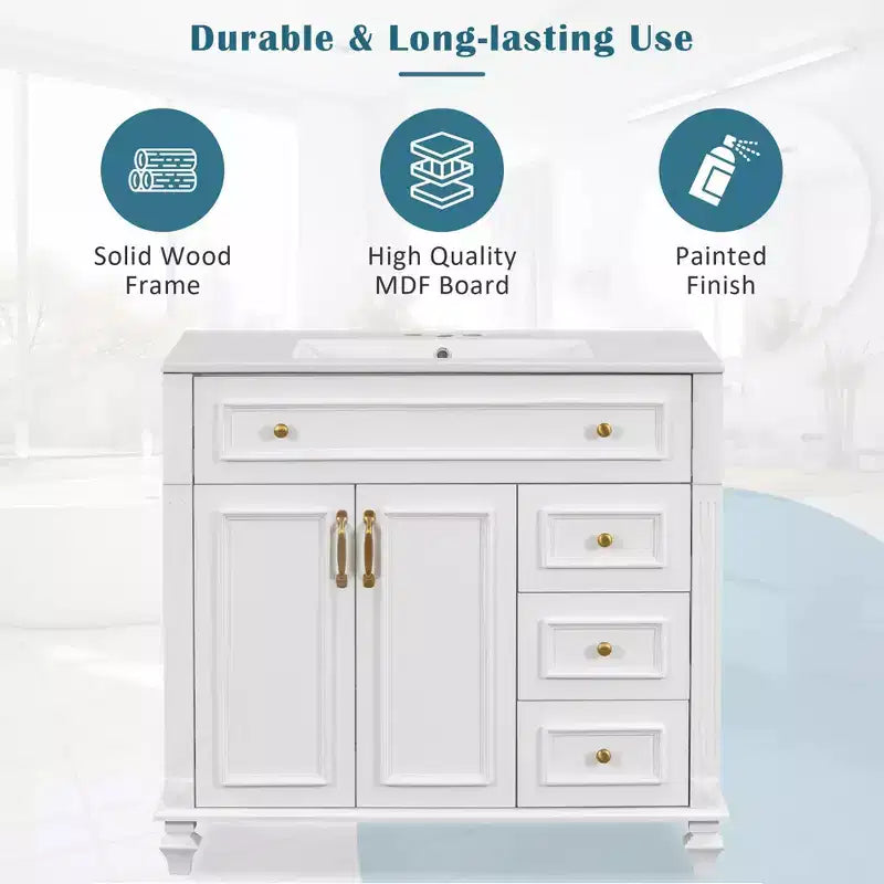 MAYEERTY Meuble de salle de bain 91 cm avec lavabo, armoire blanche, tiroir basculant, 3 tiroirs, 2 portes à fermeture douce, bois massif MDF, quincaillerie dorée