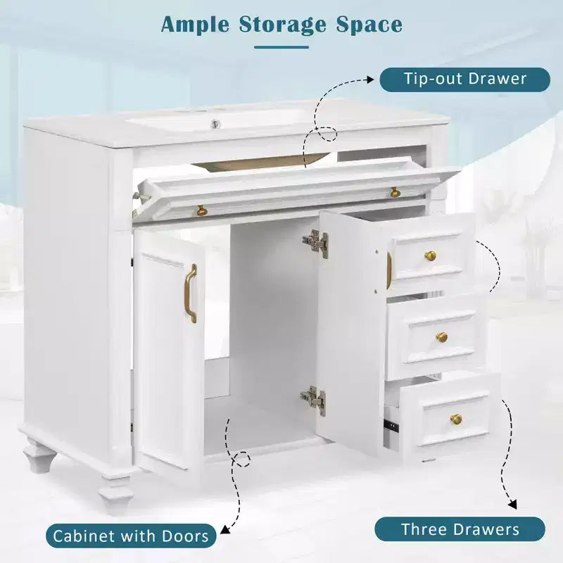 MAYEERTY Meuble de salle de bain 91 cm avec lavabo, armoire blanche, tiroir basculant, 3 tiroirs, 2 portes à fermeture douce, bois massif MDF, quincaillerie dorée