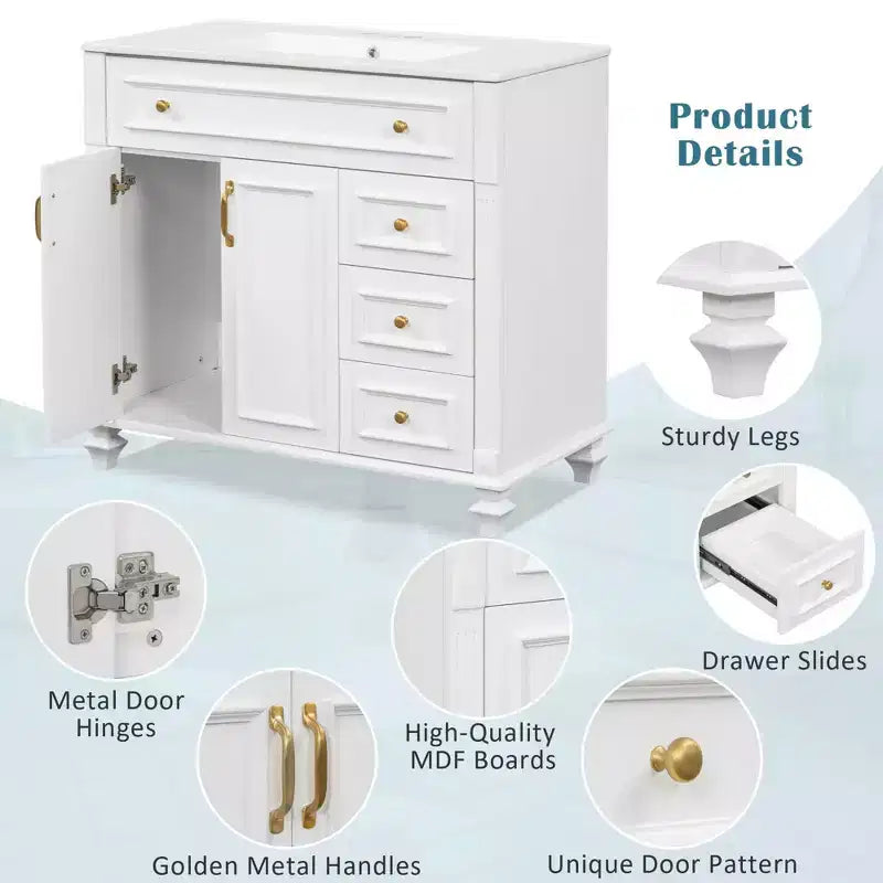 MAYEERTY Meuble de salle de bain 91 cm avec lavabo, armoire blanche, tiroir basculant, 3 tiroirs, 2 portes à fermeture douce, bois massif MDF, quincaillerie dorée
