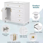 MAYEERTY Meuble de salle de bain 91 cm avec lavabo, armoire blanche, tiroir basculant, 3 tiroirs, 2 portes à fermeture douce, bois massif MDF, quincaillerie dorée