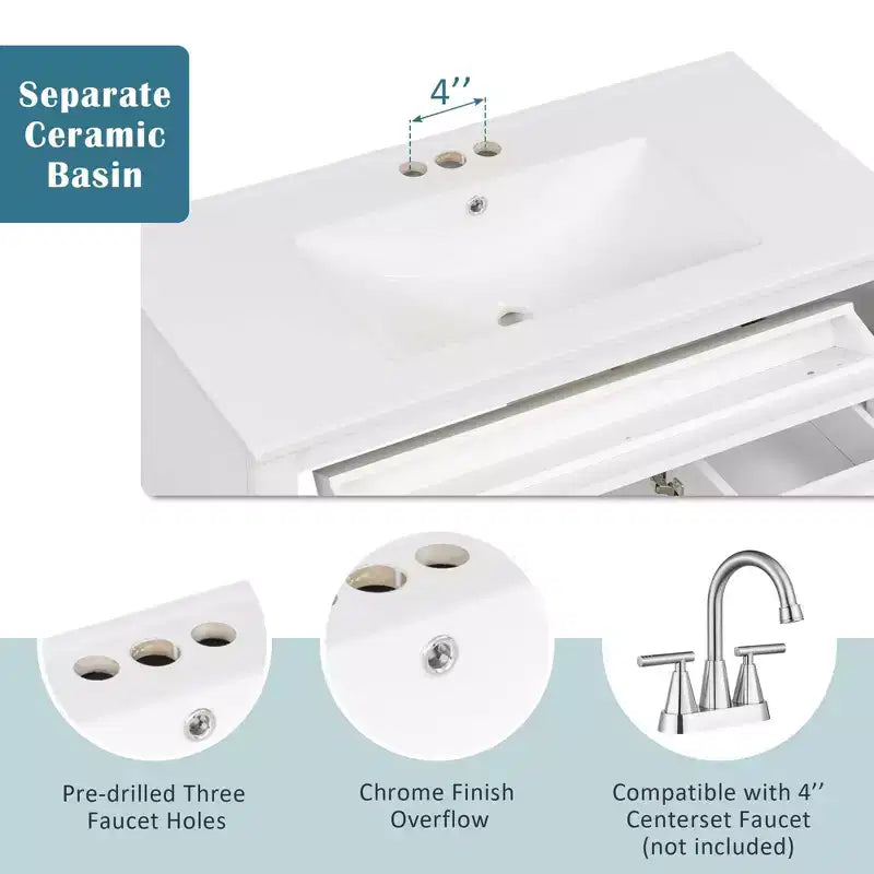 MAYEERTY Meuble de salle de bain 91 cm avec lavabo, armoire blanche, tiroir basculant, 3 tiroirs, 2 portes à fermeture douce, bois massif MDF, quincaillerie dorée