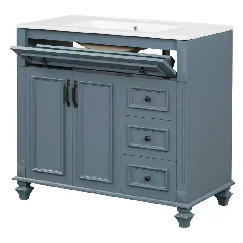 MAYEERTY Meuble de salle de bain 91 cm avec lavabo, armoire blanche, tiroir basculant, 3 tiroirs, 2 portes à fermeture douce, bois massif MDF, quincaillerie dorée