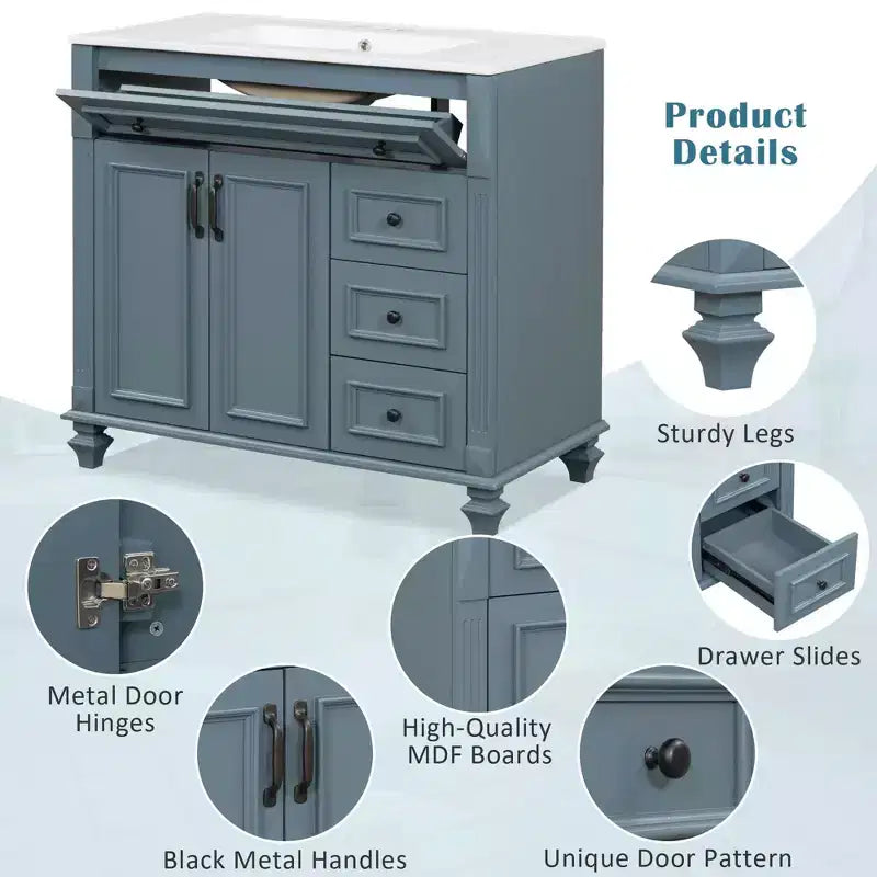 MAYEERTY Meuble de salle de bain 91 cm avec lavabo, armoire blanche, tiroir basculant, 3 tiroirs, 2 portes à fermeture douce, bois massif MDF, quincaillerie dorée
