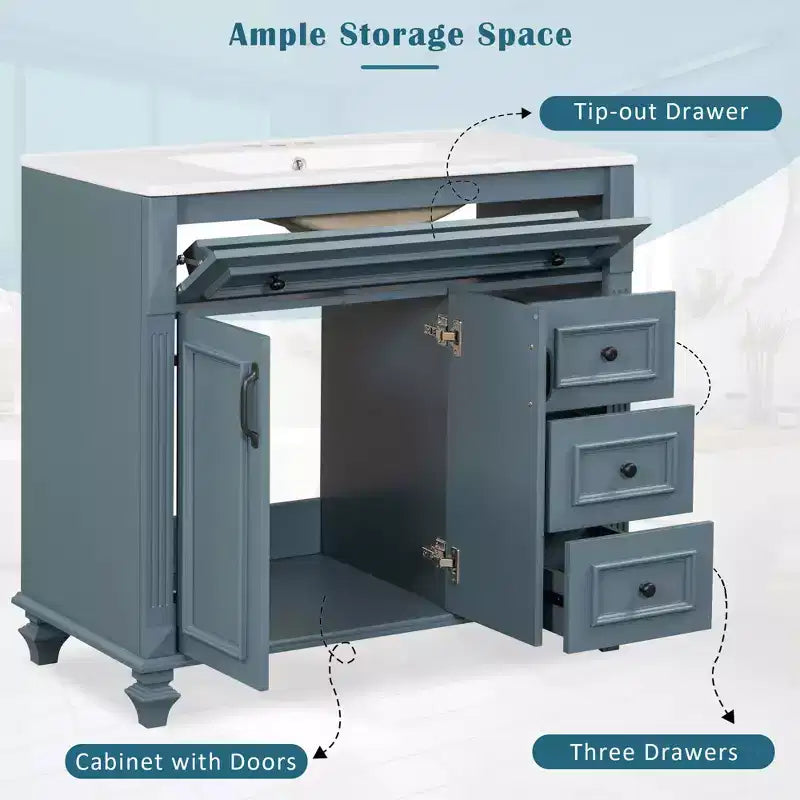 MAYEERTY Meuble de salle de bain 91 cm avec lavabo, armoire blanche, tiroir basculant, 3 tiroirs, 2 portes à fermeture douce, bois massif MDF, quincaillerie dorée