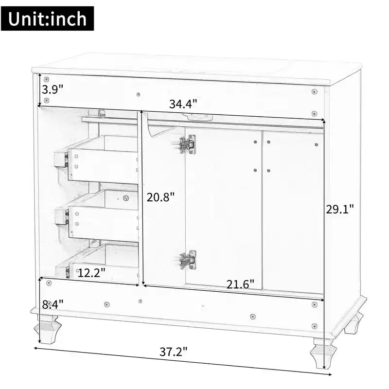 MAYEERTY Meuble de salle de bain 91 cm avec lavabo, armoire blanche, tiroir basculant, 3 tiroirs, 2 portes à fermeture douce, bois massif MDF, quincaillerie dorée
