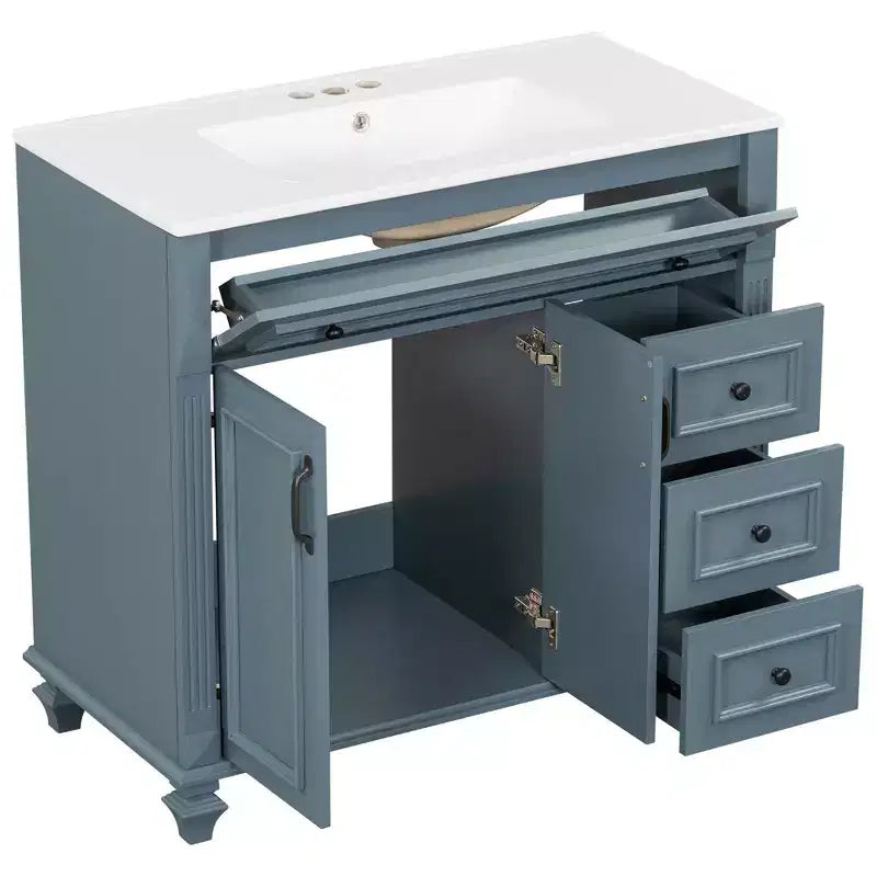 MAYEERTY Meuble de salle de bain 91 cm avec lavabo, armoire blanche, tiroir basculant, 3 tiroirs, 2 portes à fermeture douce, bois massif MDF, quincaillerie dorée