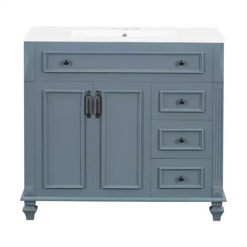 MAYEERTY Meuble de salle de bain 91 cm avec lavabo, armoire blanche, tiroir basculant, 3 tiroirs, 2 portes à fermeture douce, bois massif MDF, quincaillerie dorée