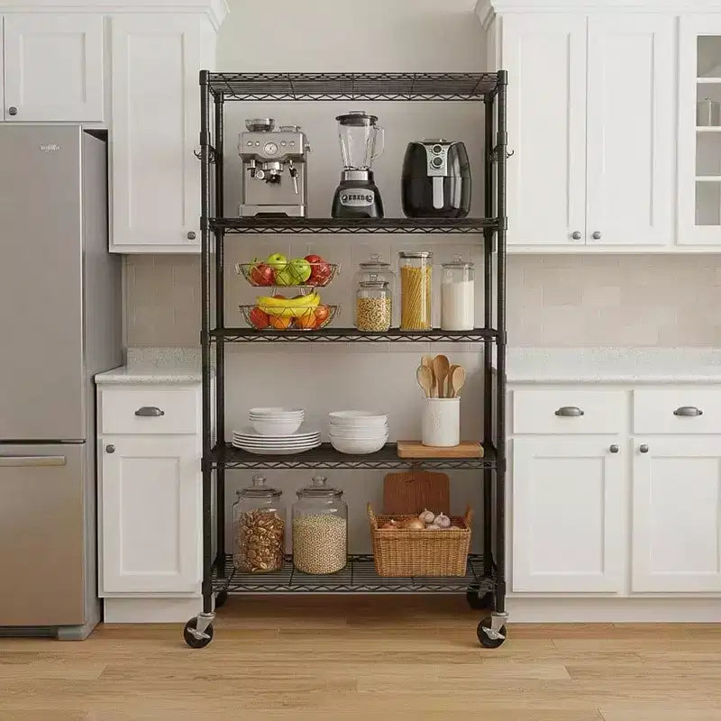 Étagère de rangement à 5 niveaux avec roulettes Unité d'étagères en fil métallique réglable Étagère de cuisine en métal Garage Cellier Buanderie Organisateur Rangement