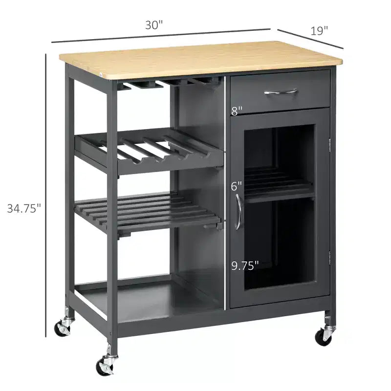 Îlot de cuisine roulant avec rangement, chariot de cuisine avec range-bouteilles 4 bouteilles, chariot de bar avec porte-verres, étagères, tiroir et placard