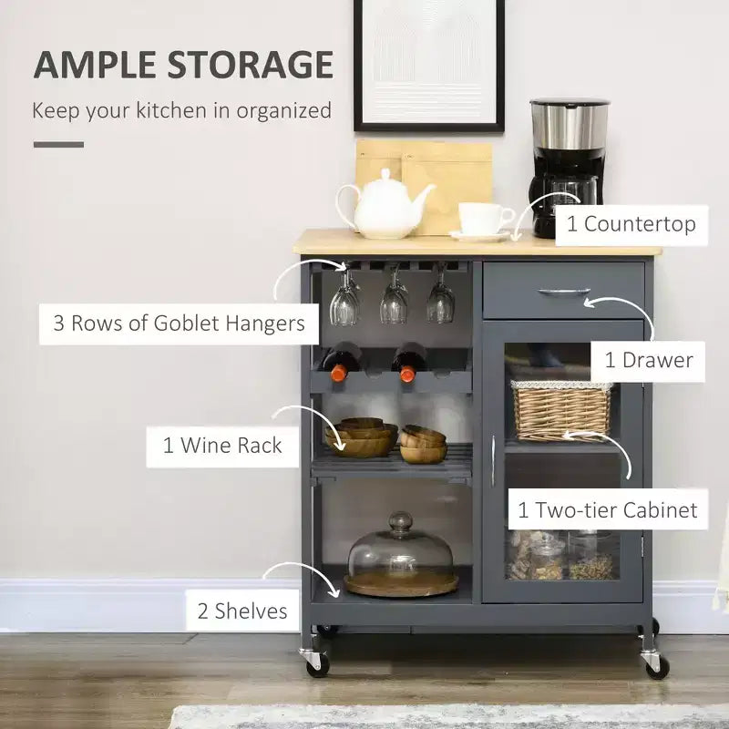 Îlot de cuisine roulant avec rangement, chariot de cuisine avec range-bouteilles 4 bouteilles, chariot de bar avec porte-verres, étagères, tiroir et placard