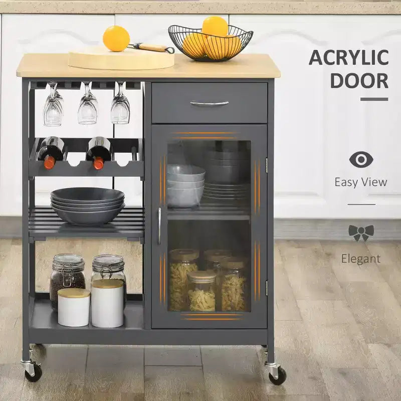 Îlot de cuisine roulant avec rangement, chariot de cuisine avec range-bouteilles 4 bouteilles, chariot de bar avec porte-verres, étagères, tiroir et placard