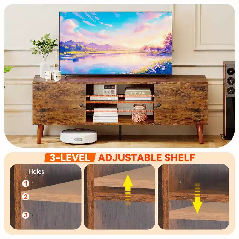 Meuble TV FDW pour téléviseurs de 55 à 60 pouces, centre de divertissement avec 2 armoires de rangement et étagères ouvertes, console multimédia moderne.