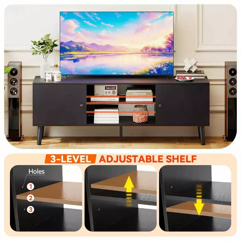 Meuble TV FDW pour téléviseurs de 55 à 60 pouces, centre de divertissement avec 2 armoires de rangement et étagères ouvertes, console multimédia moderne.