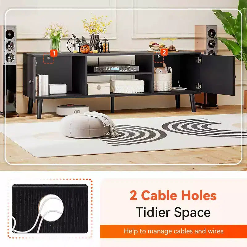 Meuble TV FDW pour téléviseurs de 55 à 60 pouces, centre de divertissement avec 2 armoires de rangement et étagères ouvertes, console multimédia moderne.