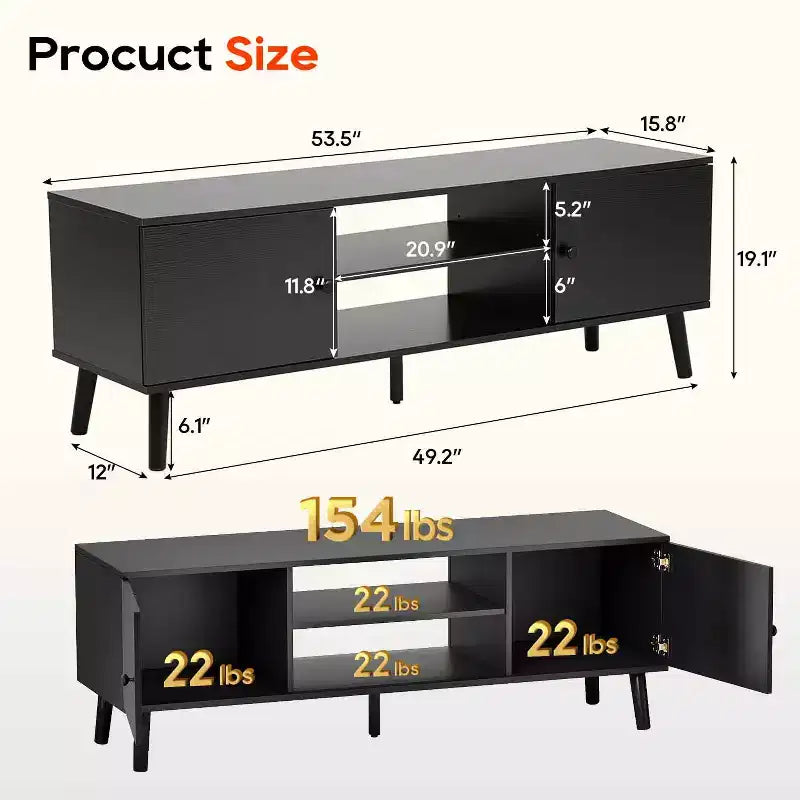 Meuble TV FDW pour téléviseurs de 55 à 60 pouces, centre de divertissement avec 2 armoires de rangement et étagères ouvertes, console multimédia moderne.