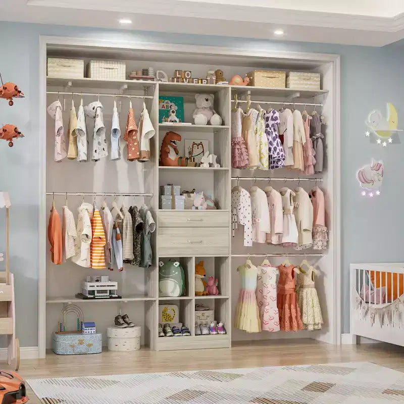 Besiost Système d'organisation de placard de 2,4 m avec tiroirs et casiers en bois, Armoire blanche avec 5 tringles de suspension