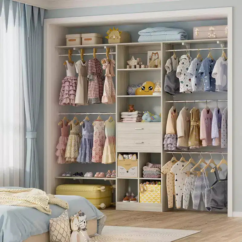 Besiost Système d'organisation de placard de 2,4 m avec tiroirs et casiers en bois, Armoire blanche avec 5 tringles de suspension