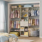 Besiost Système d'organisation de placard de 2,4 m avec tiroirs et casiers en bois, Armoire blanche avec 5 tringles de suspension