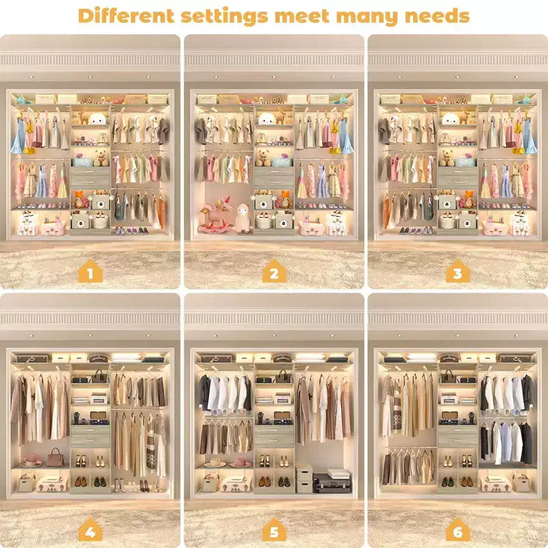 Besiost Système d'organisation de placard de 2,4 m avec tiroirs et casiers en bois, Armoire blanche avec 5 tringles de suspension