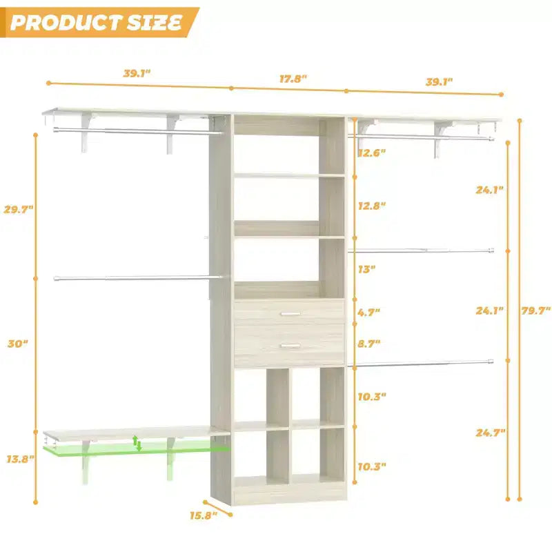 Besiost Système d'organisation de placard de 2,4 m avec tiroirs et casiers en bois, Armoire blanche avec 5 tringles de suspension