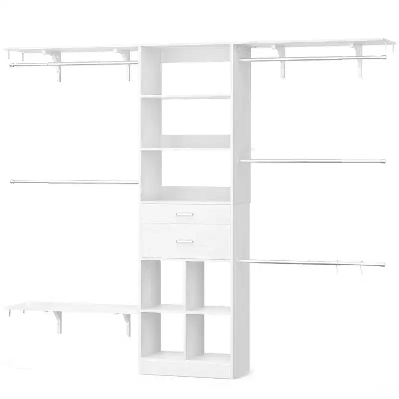 Besiost Système d'organisation de placard de 2,4 m avec tiroirs et casiers en bois, Armoire blanche avec 5 tringles de suspension