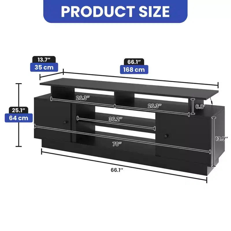 Meuble TV moderne pour téléviseurs de 65/75 pouces, meuble de divertissement LED avec armoires de rangement et cloison mobile, console TV pour salon, noir