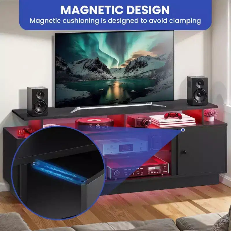Meuble TV moderne pour téléviseurs de 65/75 pouces, meuble de divertissement LED avec armoires de rangement et cloison mobile, console TV pour salon, noir