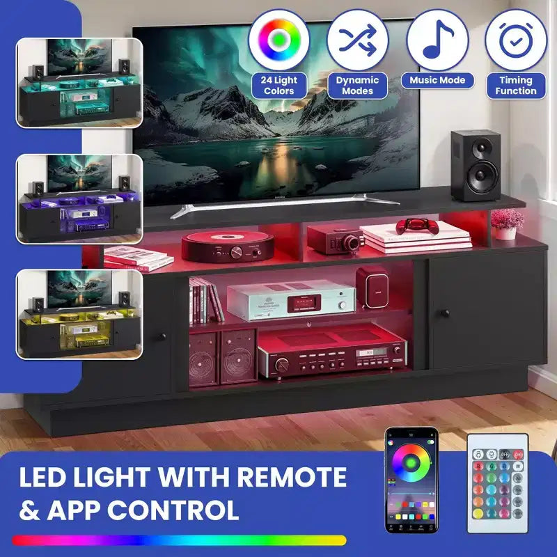Meuble TV moderne pour téléviseurs de 65/75 pouces, meuble de divertissement LED avec armoires de rangement et cloison mobile, console TV pour salon, noir