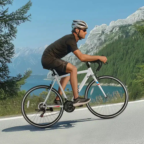 Vélo de route 21 vitesses en acier au carbone avec transmission Shimano, pneus 700x25C et guidon de course pour trajets quotidiens