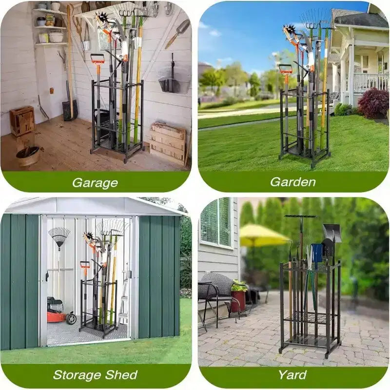 Organisateur de Jardin Tour de Rangement pour Garage en Acier Robuste Noir Abri Extérieur pour 35 Outils à Long Manche Râteaux Balais Support