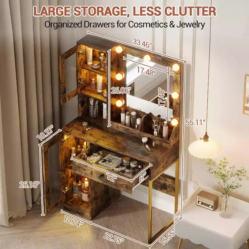 GustoWave Coiffeuse, Table de maquillage avec miroir, Prises et ports USB intégrés