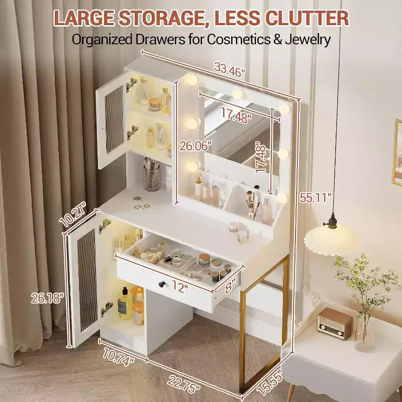 GustoWave Coiffeuse, Table de maquillage avec miroir, Prises et ports USB intégrés
