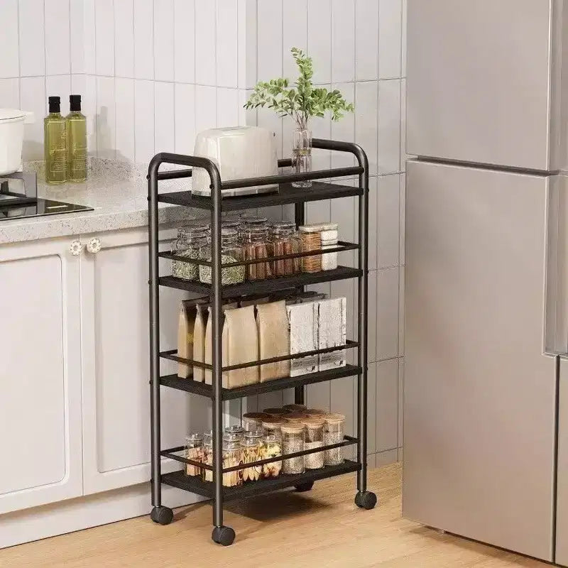 Chariot de Rangement Mince 4 Niveaux en Métal et Bois Chariot de Salle de Bain Roulant Noir Chariot Utilitaire Étroit de Cuisine Buanderie sur Roues