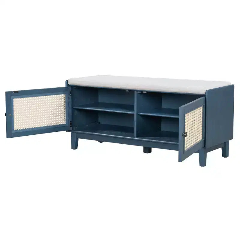 Banc de rangement d'entrée bohème Whisen, banc à chaussures en bois, banc rembourré avec portes doubles