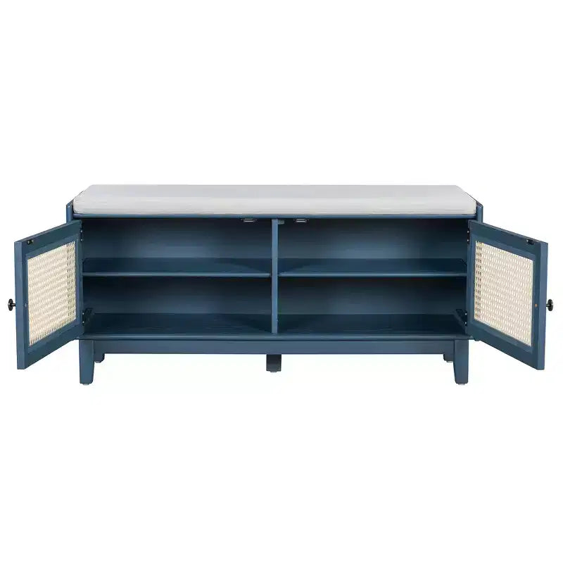 Banc de rangement d'entrée bohème Whisen, banc à chaussures en bois, banc rembourré avec portes doubles