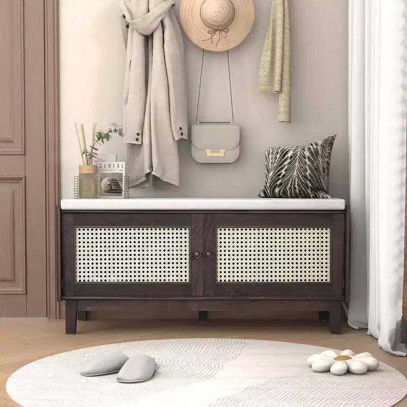 Banc de rangement d'entrée bohème Whisen, banc à chaussures en bois, banc rembourré avec portes doubles