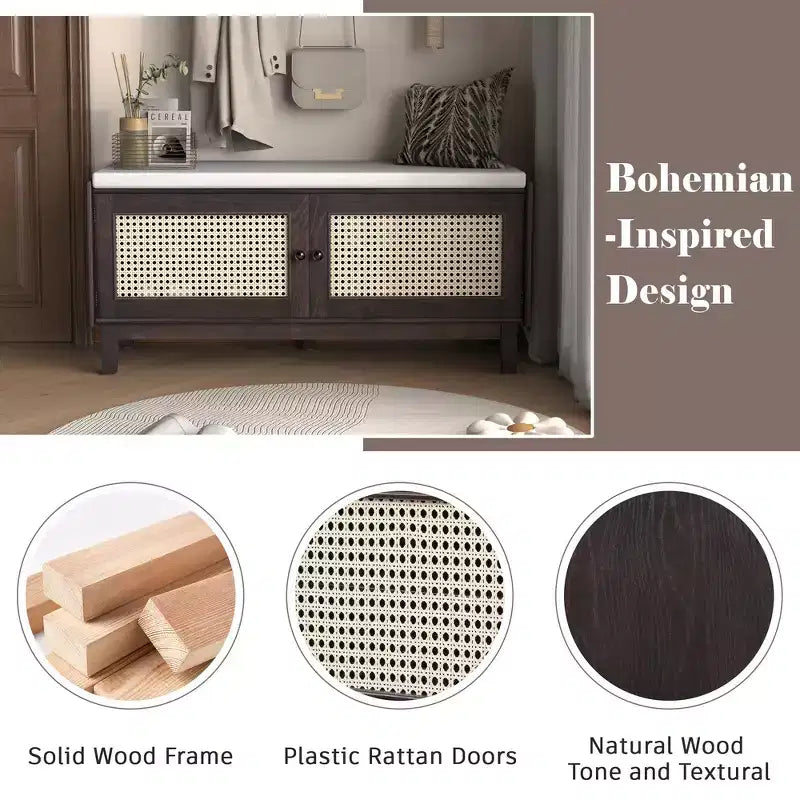 Banc de rangement d'entrée bohème Whisen, banc à chaussures en bois, banc rembourré avec portes doubles