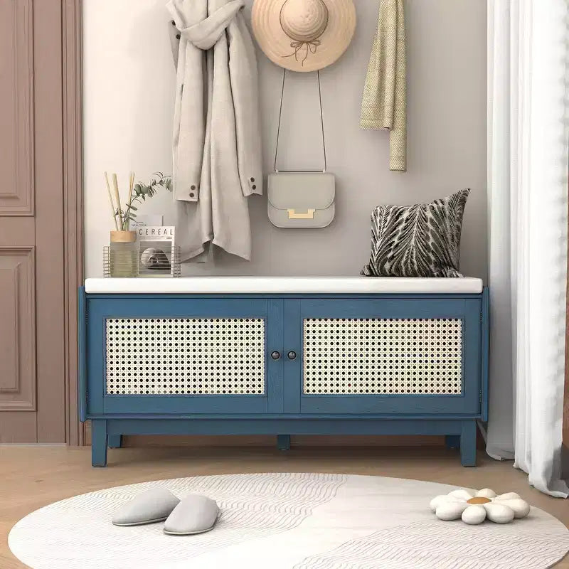 Banc de rangement d'entrée bohème Whisen, banc à chaussures en bois, banc rembourré avec portes doubles