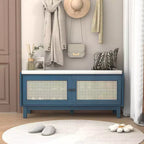 Banc de rangement d'entrée bohème Whisen, banc à chaussures en bois, banc rembourré avec portes doubles