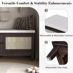 Banc de rangement d'entrée bohème Whisen, banc à chaussures en bois, banc rembourré avec portes doubles