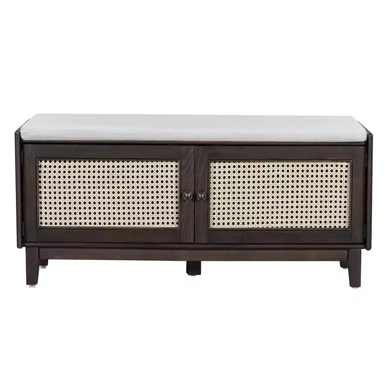 Banc de rangement d'entrée bohème Whisen, banc à chaussures en bois, banc rembourré avec portes doubles