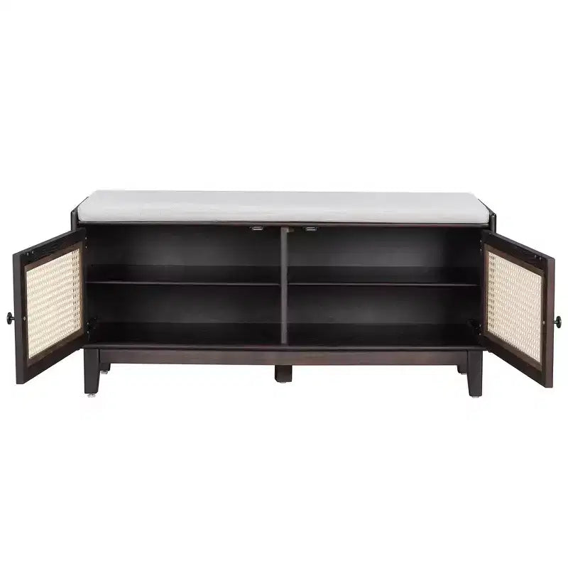 Banc de rangement d'entrée bohème Whisen, banc à chaussures en bois, banc rembourré avec portes doubles