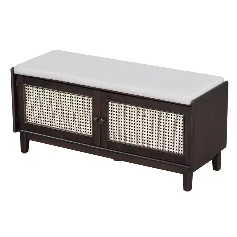 Banc de rangement d'entrée bohème Whisen, banc à chaussures en bois, banc rembourré avec portes doubles