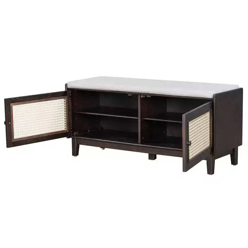 Banc de rangement d'entrée bohème Whisen, banc à chaussures en bois, banc rembourré avec portes doubles